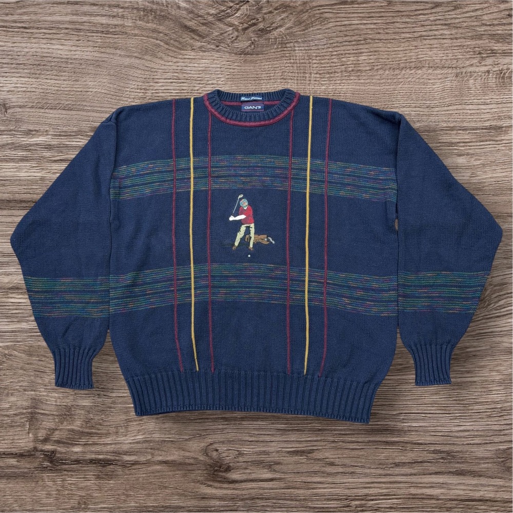Vtg Gant Mens XL Navy Blue Cotton Golfer Embroidered Knit Sweater Hand Framed